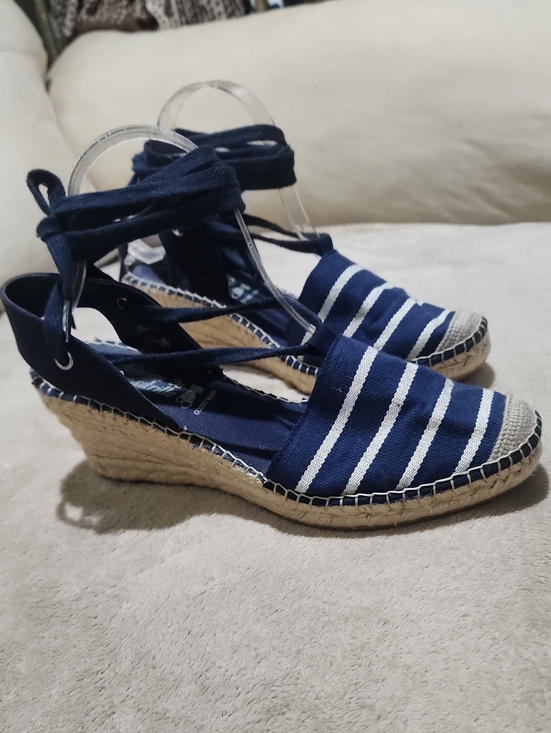 La Maison de espadrille Shoes - New Condition Navy Striped Espadrille Wedge Sandals with Ankle Tie